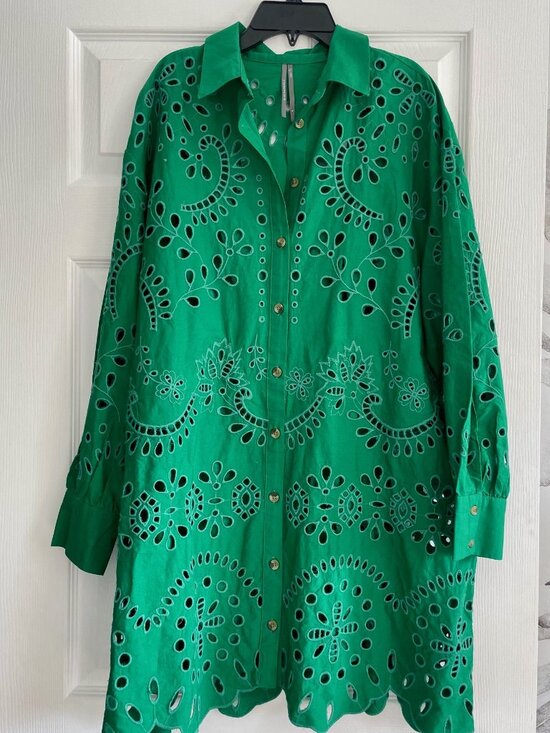 Anthropologie Dresses & Skirts - Anthropologie Green Eyelet Embroidered Shirt Dress Size M